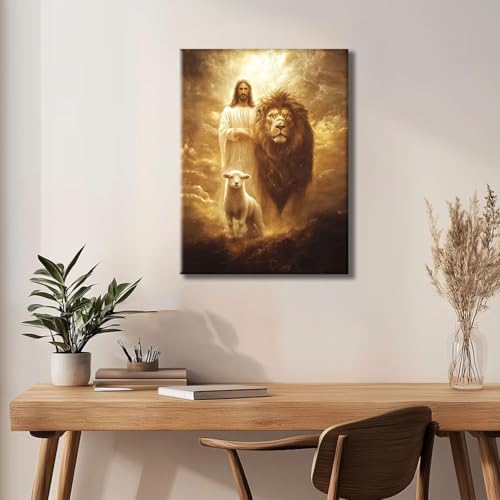 RJETZMU Jesus Lion and Lamb Christian Canvas Art, Gallery Wrapped, 12x16 - color: Golden Jesus, size: 16"L x 12"W