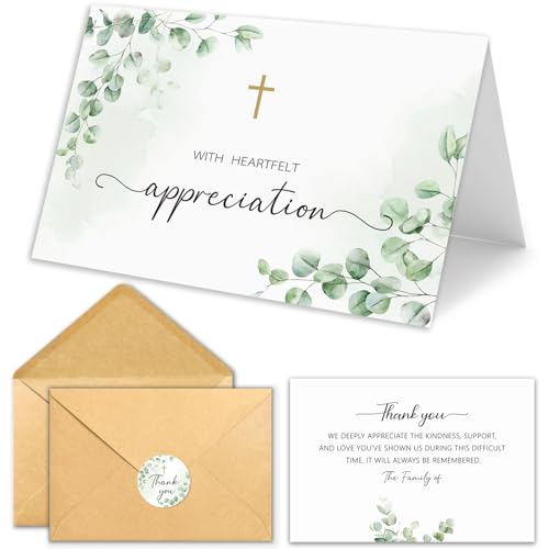 25 Pack Funeral Thank You Cards, Watercolor Eucalyptus Leaves Design - color: Green