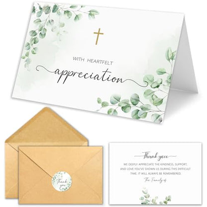 25 Pack Funeral Thank You Cards, Watercolor Eucalyptus Leaves Design - color: Green