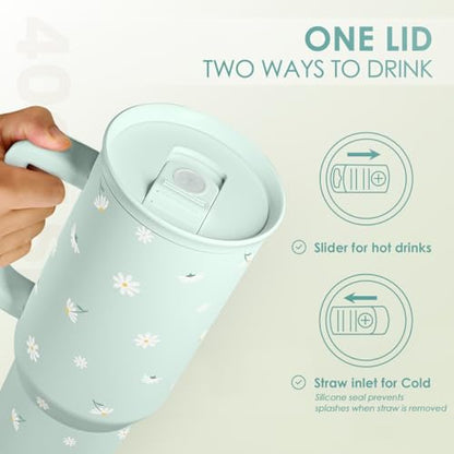Daisy 40oz Tumbler with Handle and Straw – Flower Insulated Stainless Steel Travel Coffee Mug for Women Girls - Gift Idea for Birthday Christmas Mothers Day - color: Daisy