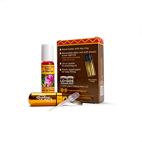Rose of Sharon Anointing Oil from Israel Boxed Gift Set with Dispenser, Holy Jerusalem Oil & Gold Metal Keychain Bottle Container, Plastic Dropper & Small Glass Vial, Aceite Ungido y Botella - color: Gold, style: Rose of Sharon