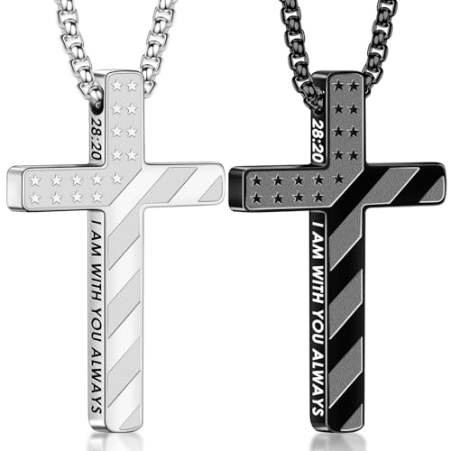 Romass Cross Necklace for Men Boys - 316L Stainless Steel Bible Verse Religious Pendant, Christian Jewelry Gifts for Son Husband, Graduation Gifts, Adjustable 22+2 inch Chain - color: Silver+Black, style: 2Pcs 28:20