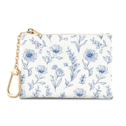 Blue Flower Keychain Coin Purse for Women, Small Change Pouch - color: Abstract Blue Flower