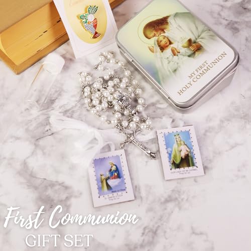 Needzo Girls First Communion White Gift Set, Includes Tin Case, Rosary, Scapular, Holy Water Bottle, and Pin, Catholic Keepsakes, 5 Items