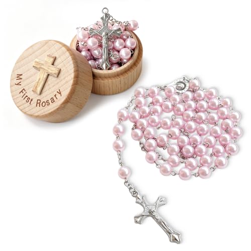 Baptism Gifts for Girls, My First Rosary and Keepsake Box, Catholic Pink Rosary Baptism Gifts, First Communion & Baby Dedication Gifts for Newborn Baby Girls