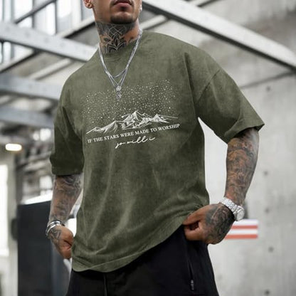 Christian Faith God Shirts for Men Jesus Bible Verse Shirt Oversized Acid Wash Tshirts Star Mountain Graphic Tees - color: Armygreen, size: Small
