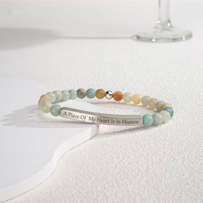 Inspirational Christian Bracelet for Women, 18K Gold Plated Bible Verse Jewelry with Amazonite Beads, Religious Faith Gift for Mom, Daughter, Sister, Friend - color: A piece of my heart is in heaven-Amazonite Silver
