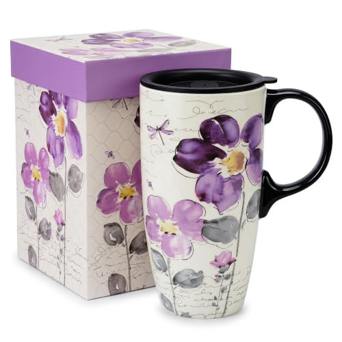 Topadorn 17oz Ceramic Travel Mug with Lid, Tall Purple Floral Coffee Mug - color: purple flower
