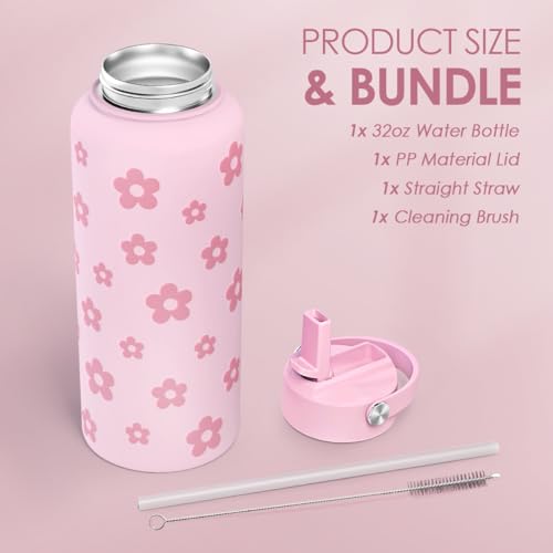 SANDJEST Floral Water Bottle Stainless Steel 32oz with Lid & Straw, Daisy Insulated Bottles Gifts for Women Girls Friends Teens Birthday Christmas - color: Daisy 1