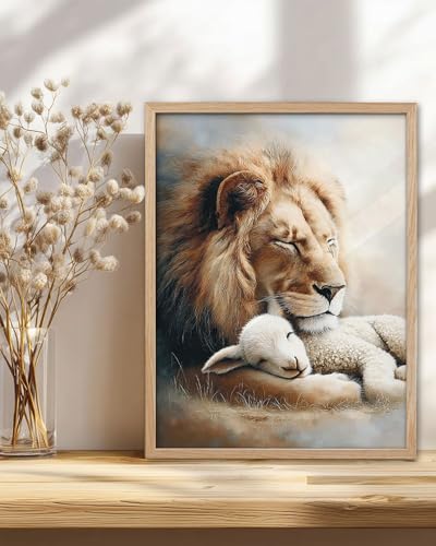 KensTro 12x16 Oak Framed Lion and Lamb Christian Wall Art - color: Lion and Lamb Peaceful-Framed, size: 16"L x 12"W