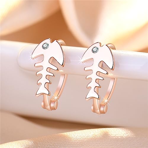 Fishbone Hoop Earrings for Women Gold Silver Plated Fish Skeleton Chic Cubic Zirconia Small Huggie Hoop Earrings for Ocean Sea Nautical Vacation Jewelry Accessories - color: Rose gold