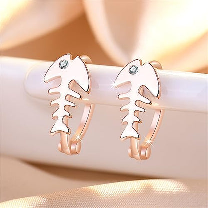 Fishbone Hoop Earrings for Women Gold Silver Plated Fish Skeleton Chic Cubic Zirconia Small Huggie Hoop Earrings for Ocean Sea Nautical Vacation Jewelry Accessories - color: Rose gold
