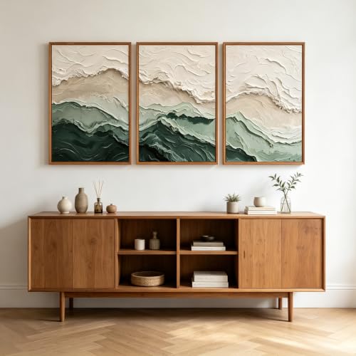 Aurlan 3D Textured Green Abstrcat Ocean Framed Canvas Wall Art 24x36 Inch - color: Green Beige (3D Textured), size: 24"L x 36"W