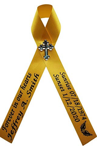 Personalized Memorial Service Funeral Ribbon Pins 20 Cross Religious Celebration of Life Custom Made Awareness Remembrance Anniversary Death Cross Sympathy Name Angel - color: Yellow