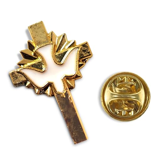 First Communion Monstrance – Gold Lapel Pin With White Enamel on Decorative Card – Elegant Metal Dove on Small Cross – Packaged for Gifting and Church Celebrations - First Communion Lapel Pin for men and women