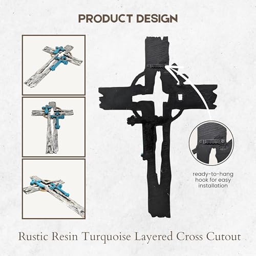 Layered Faux Driftwood Cutout Wall Cross - Resin Rustic Turquoise Crucifix