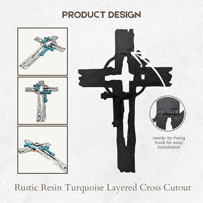 Layered Faux Driftwood Cutout Wall Cross - Resin Rustic Turquoise Crucifix