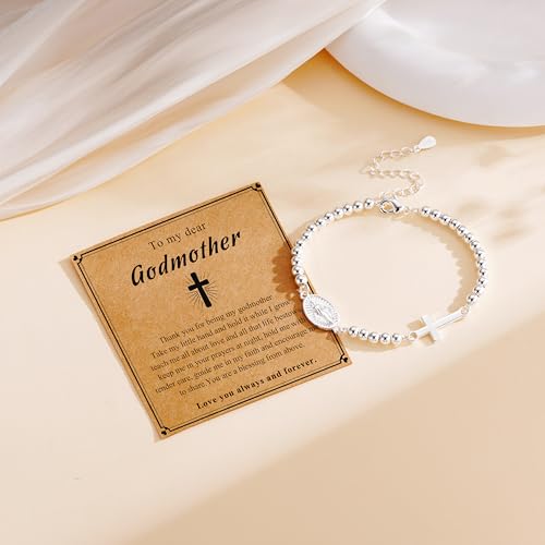 First Communion Gifts for Girls Virgin Mary Cross Bracelet Non Tarnish Baptism 1st Holy Communion Confirmation Gifts Christian Religious Catholic Jewelry - color: Godmother,Silver