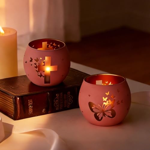 Religious Gifts for Women & Girls, Set of 2 Pink Butterfly Cross Tealight Candle Holders for Table Decor, Christian Baptism, Confirmation, Memorial, Easter Gift