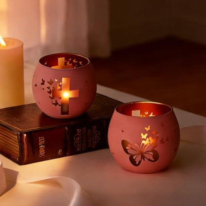 Religious Gifts for Women & Girls, Set of 2 Pink Butterfly Cross Tealight Candle Holders for Table Decor, Christian Baptism, Confirmation, Memorial, Easter Gift