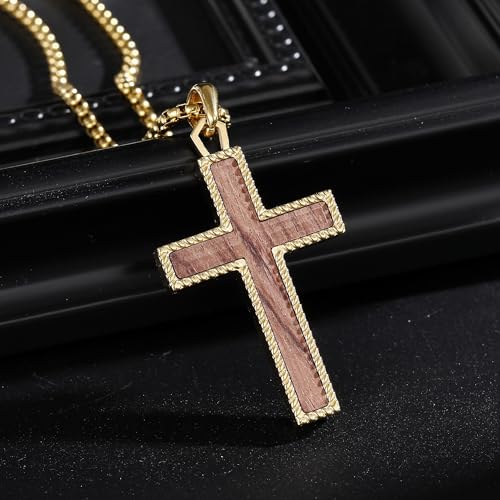 Wooden Cross Necklace for Men With Stainless steel And Black Ebony Adjustable Box Chain 24–26 inches Suitable for Everyday Wear And Christian Gifts for Men - color: Gold-B