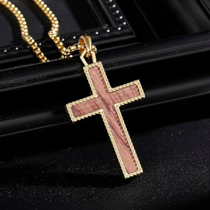 Wooden Cross Necklace for Men With Stainless steel And Black Ebony Adjustable Box Chain 24–26 inches Suitable for Everyday Wear And Christian Gifts for Men - color: Gold-B