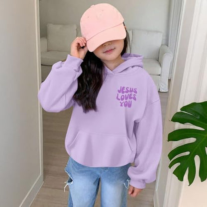 Christian Jesus Loves You Hoodie For Teen Girls Cute Graphic Hoodies Kids Bible Verse Faith Sweatshirt God Pullover - color: Light Purple, size: 5-6 Years