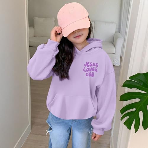 Christian Jesus Loves You Hoodie For Teen Girls Cute Graphic Hoodies Kids Bible Verse Faith Sweatshirt God Pullover - color: Light Purple, size: 9-10 Years