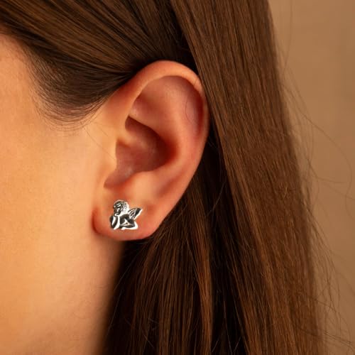 .925 Sterling Silver Cherub Angel Wings Stud Earrings