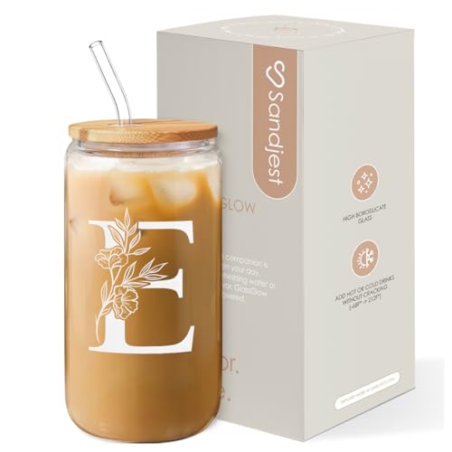 SANDJEST Monogrammed Gifts for Women - Monogram E Initial Glass Cup 16 Oz Can Coffee Cups with Lid and Straw - Monogram Initials Gifts for Womens on Birthday - color: Initial E
