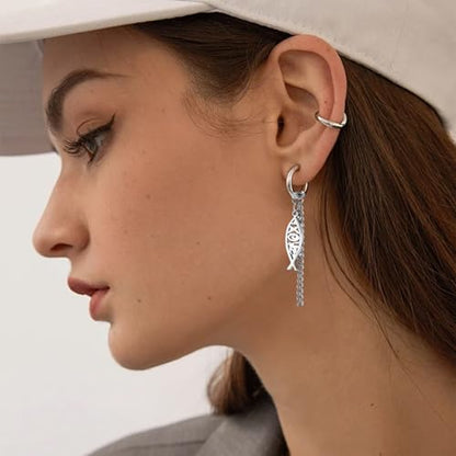 Ichthus Fish Dangle Earrings Ichthus Cross Earrings Christian Jesus Fish Earrings Religious Jewelry Christian Symbols Accessories Gift for Women - color: Jesus Fish silver