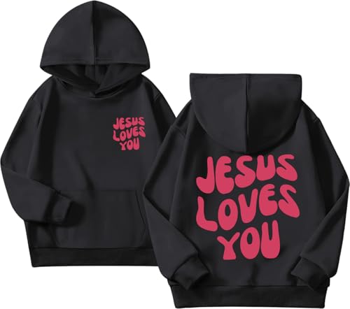 Christian Jesus Loves You Hoodie For Teen Girls Cute Graphic Hoodies Kids Bible Verse Faith Sweatshirt God Pullover - color: Black, size: 7-8 Years
