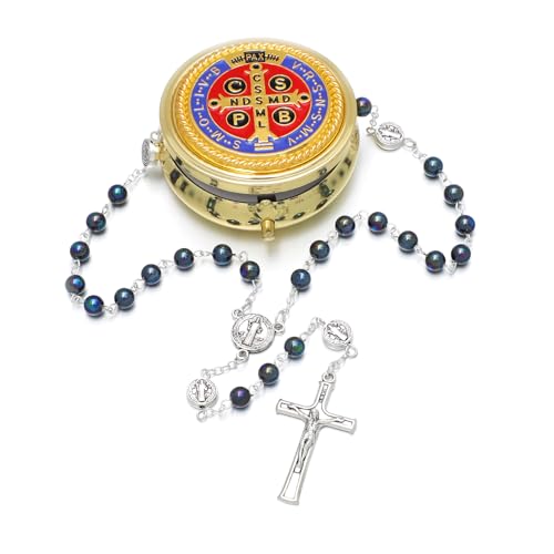 KOMI 6mm Glass Pearl Rosary Beads Catholic for Women with Metal Rosary Box Religious Gifts - style: St Benedict-black