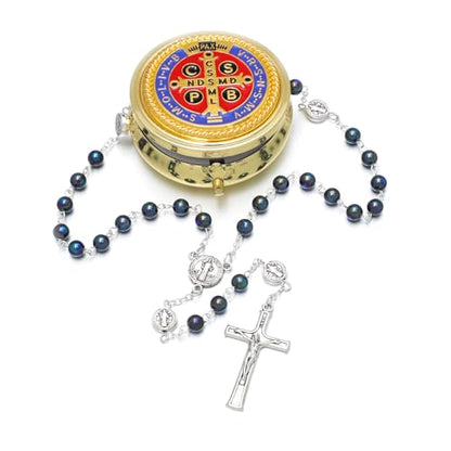 KOMI 6mm Glass Pearl Rosary Beads Catholic for Women with Metal Rosary Box Religious Gifts - style: St Benedict-black