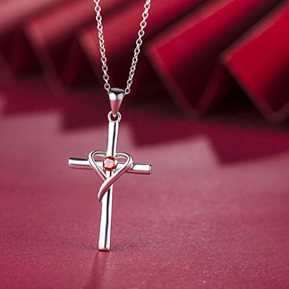 AmorAime 925 Sterling Silver Cross Necklace for Women Men 14K Gold Plated 5A CZ Birthstone Necklaces for Holiday - color: A.Red-Garnet-January