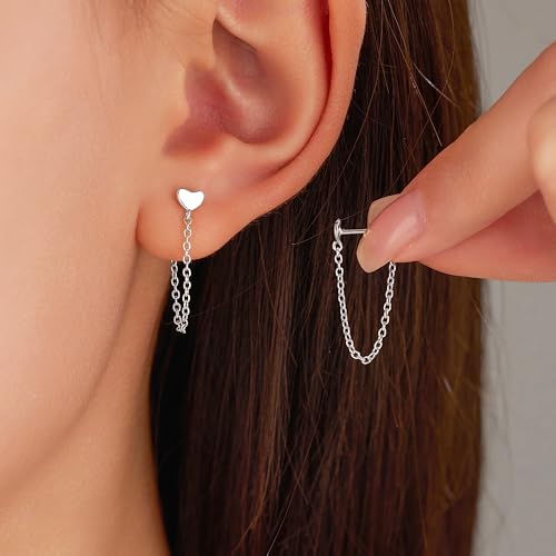 925 Sterling Silver CZ Moon Cross Heart Teardrop Chain Earrings for Women - color: Heart--Silver