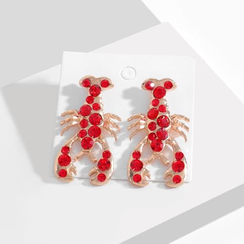 Creative Exaggerated Ocean Animal Drop Dangle Earrings for Women, Bohemia Style Alloy Lobster Octopus Fish Crab Earrings for Summer Beach Holiday Party Jewelry Gifts - style: Gold Red Rhinestone Lobster Earrings-F