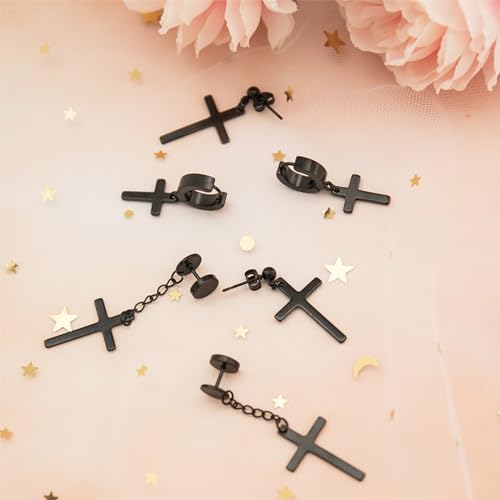 NEWITIN 9 Pairs Cross Earrings for Men Women Stainless Steel Earrings Set - color: Different Black
