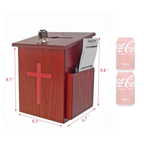 Wood Church Collection Fundraising Box Donation Charity Red Cross Sticker Flexible Application Christian Church Tithes & Offering Prayer 7.5"W x 7.5"H x 9-7/8" D Wallmount 1040S+16053
