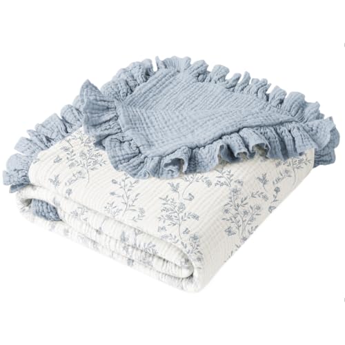 Konssy 100% Cotton Muslin Baby Blanket with Ruffle Trim for Girls, 43"x39" - color: Blue Garden