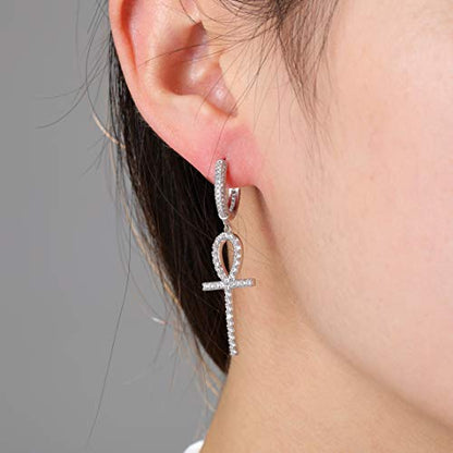 TOPGRILLZ Cross Hoop Dangle Earrings 925 Sterling Silver 5A+ Cubic Zirconia 14K Gold Hypoallergenic Cross Hoop Cuff Huggie Drop Earrings For Men Women - color: Ankh Silver