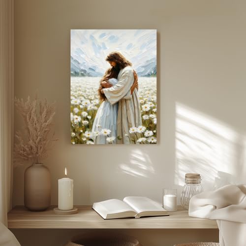 FASWQ Wrapped Canvas Jesus Hugging Girl Christian Wall Art 20x30 in - color: JesusWoman, size: 30"L x 20"W