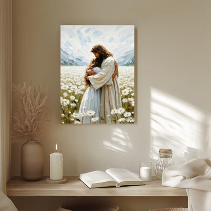 FASWQ Wrapped Canvas Jesus Hugging Girl Christian Wall Art 20x30 in - color: JesusWoman, size: 30"L x 20"W