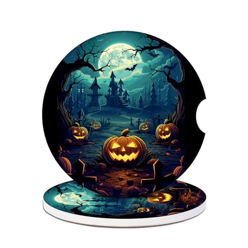 Cup Holders Car Coasters - Halloween Night Pumpkins Absorbent Ceramic Coaster, Drink Cup Holder Coasters, Auto Accessories for Women & Men, Pack of 2 - color: Halloween Night