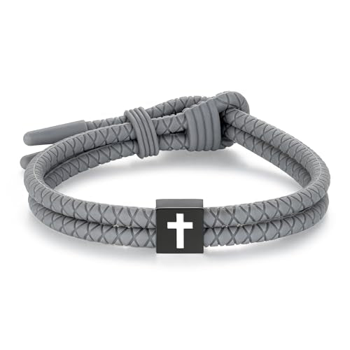 Silicone Christian Cross Braided Rope Bracelets for Men Women - color: Grey with Black Cross square