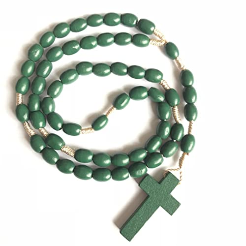 COLORFUL BLING Natural Wooden Catholic Rosaries Wood Crucifix Prayer Beads Pendant Necklace Prayer Jesus Religious Cross Rosary Necklace Handmade Jewelry - color: green pure