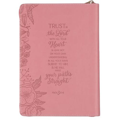 Christian Art Gifts Pink Vegan Leather Zipped Journal, Inspirational Notebook Trust in the Lord Scripture, Flexible Cover, 336 Ruled Pages, Bookmark, Proverbs 3:5 Bible Verse