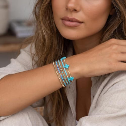 Gold Beaded Bracelets Stack for Women Stackable 14K Gold Plated Beads Ball Cross Bracelet Boho Christian Jewelry Faith Friendship Birthday Gifts for Women - color: Blue