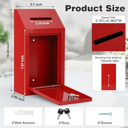 KYODOLED Cash Box for Farm Stand, Money Drop Box with Lock & Slot, Red - color: Red, size: 10.24 x 5.7 x 2.95 Inch