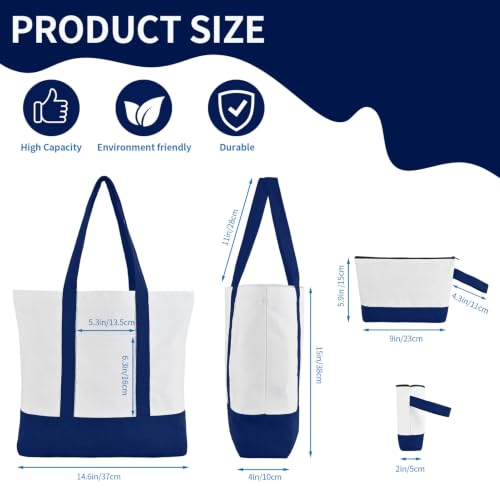 2-Pack Canvas Tote Bags and Makeup Bags, Cotton Zipper Bag, Navy Blue - color: Navy Blue/White